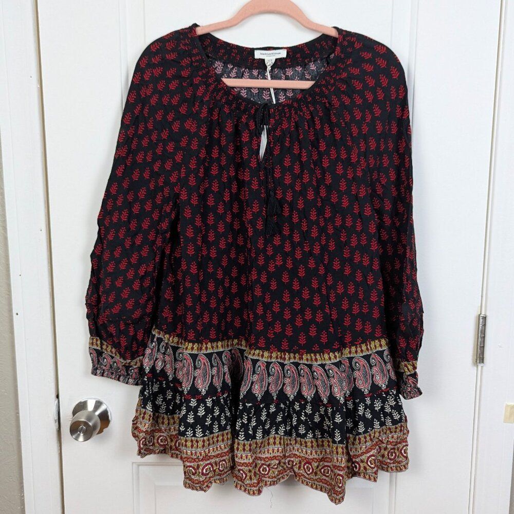 BeachLunchLounge | Black Red Leaf Print Tunic Top Size Small